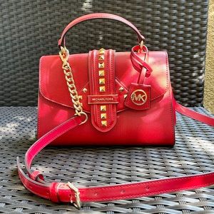 MICHAEL KORS Bright Red Bleecker Small Studded Crossgrain Leather Satchel